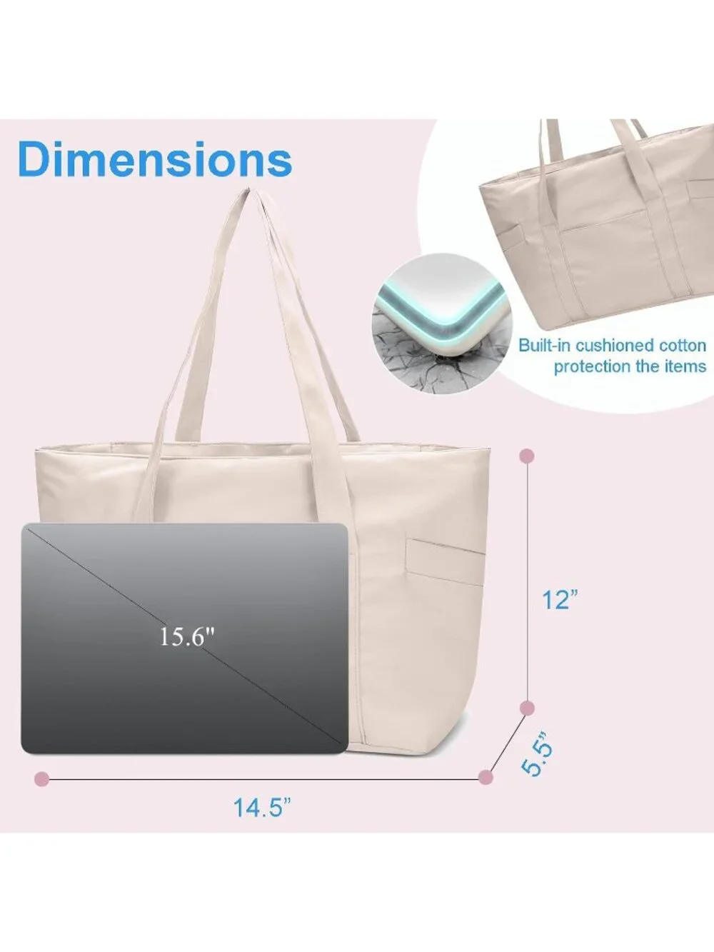👜Women's Beige Nylon Large Tote Bag With Zipper 15.6 Laptop Sleeve Work Bag
